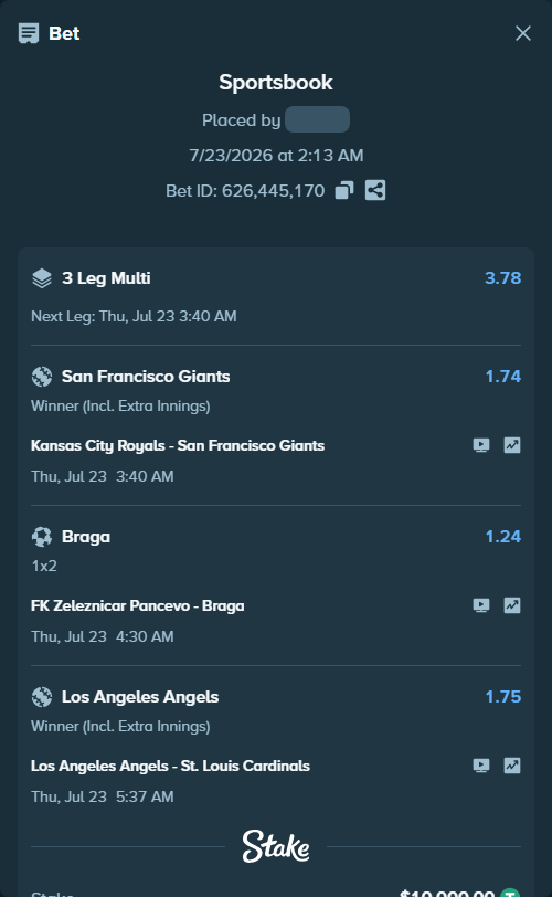 Bet slip: Los Angeles Angels - St. Louis Cardinals, $10,000.00 stake at 1.75 odds, placed by VadimKotlyar
