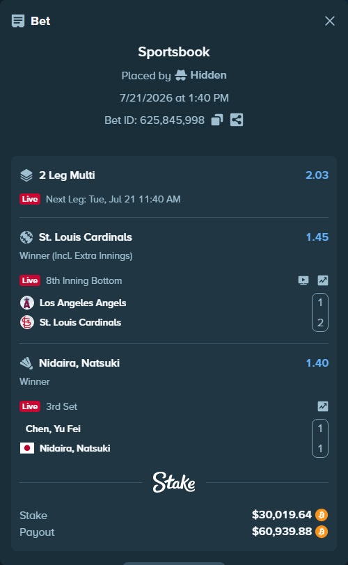 Bet slip: Los Angeles Angels - St. Louis Cardinals, $29,486.12 stake at 1.45 odds, placed by Hidden