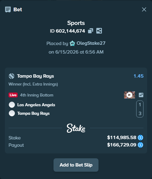 Bet slip: Los Angeles Angels - Tampa Bay Rays, $114,985.58 stake at 1.45 odds, placed by OlegStake27