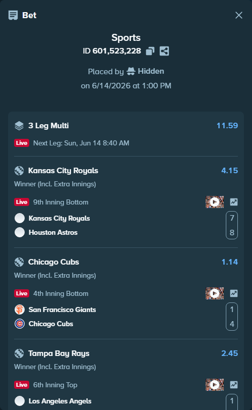 Bet slip: Los Angeles Angels - Tampa Bay Rays, $14,304.60 stake at 2.45 odds, placed by Hidden