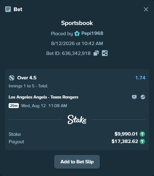 Bet slip: Los Angeles Angels - Texas Rangers, $10,000.00 stake at 1.74 odds, placed by Pepi1968