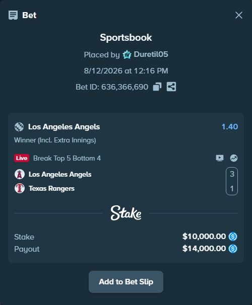 Bet slip: Los Angeles Angels - Texas Rangers, $10,000.00 stake at 1.40 odds, placed by Duretil05