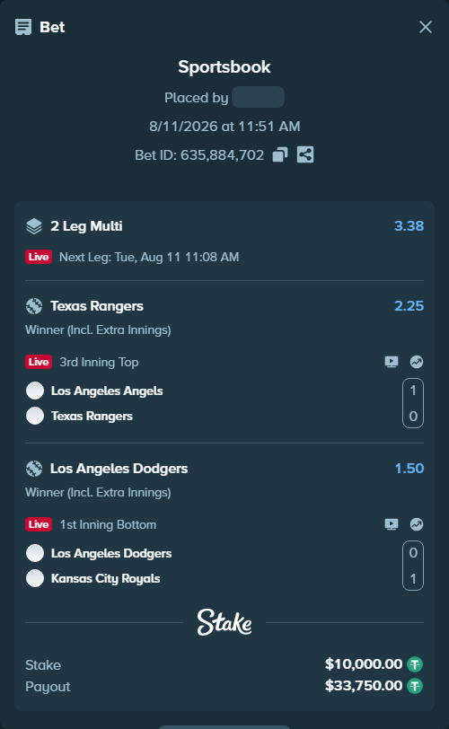 Bet slip: Los Angeles Angels - Texas Rangers, $10,010.00 stake at 2.25 odds, placed by djawoals