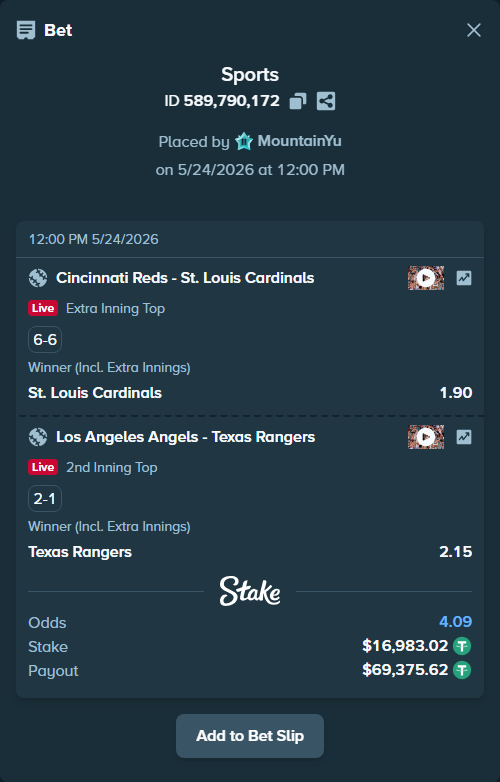 Bet slip: Los Angeles Angels - Texas Rangers, $17,000.00 stake at 2.15 odds, placed by MountainYu
