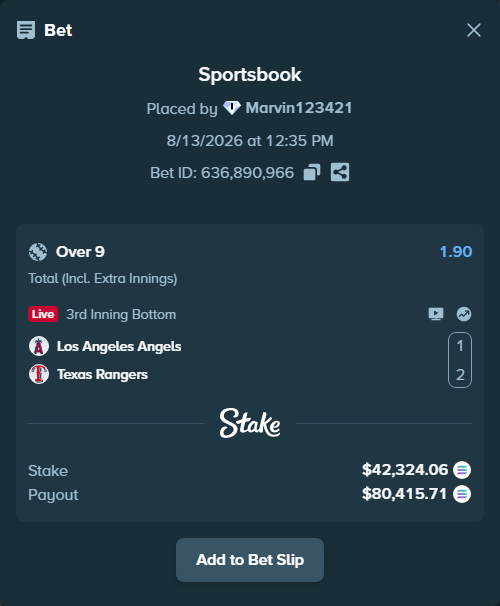 Bet slip: Los Angeles Angels - Texas Rangers, $42,278.02 stake at 1.90 odds, placed by Marvin123421