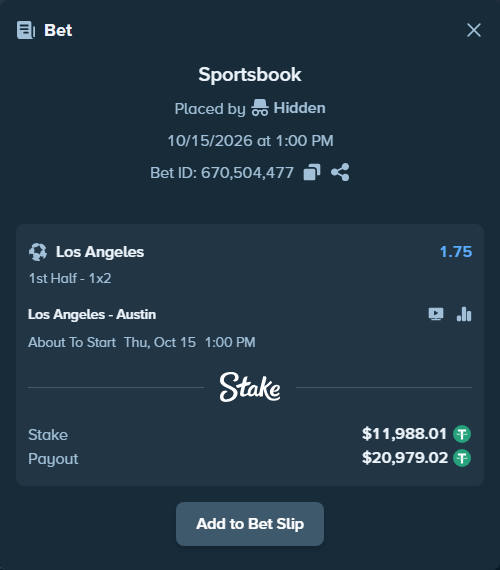 Bet slip: Los Angeles - Austin, $12,000.00 stake at 1.75 odds, placed by Hidden