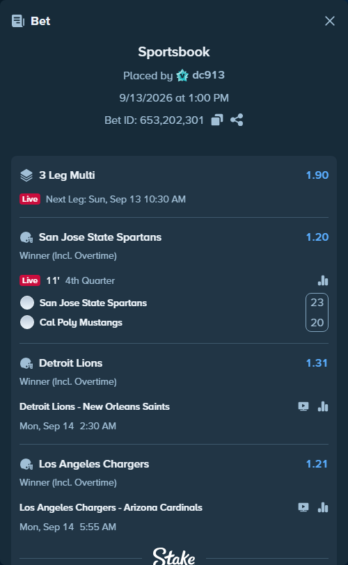 Bet slip: Los Angeles Chargers - Arizona Cardinals, $15,000.00 stake at 1.21 odds, placed by dc913