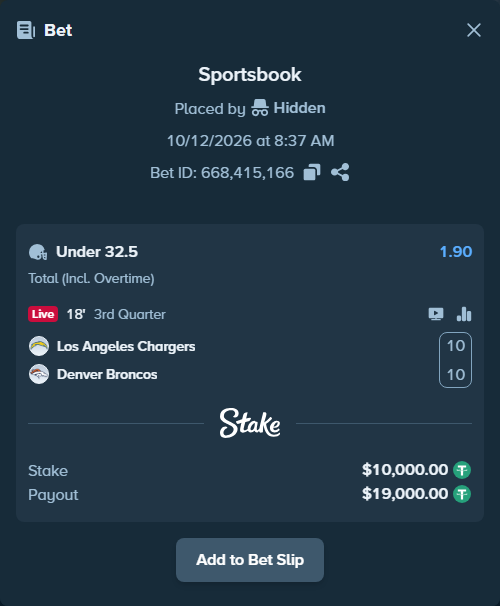 Bet slip: Los Angeles Chargers - Denver Broncos, $10,010.00 stake at 1.90 odds, placed by fhv166151