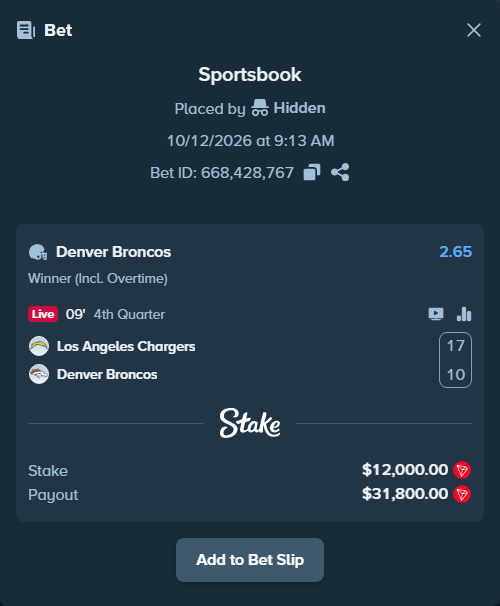 Bet slip: Los Angeles Chargers - Denver Broncos, $11,999.78 stake at 2.65 odds, placed by Hidden