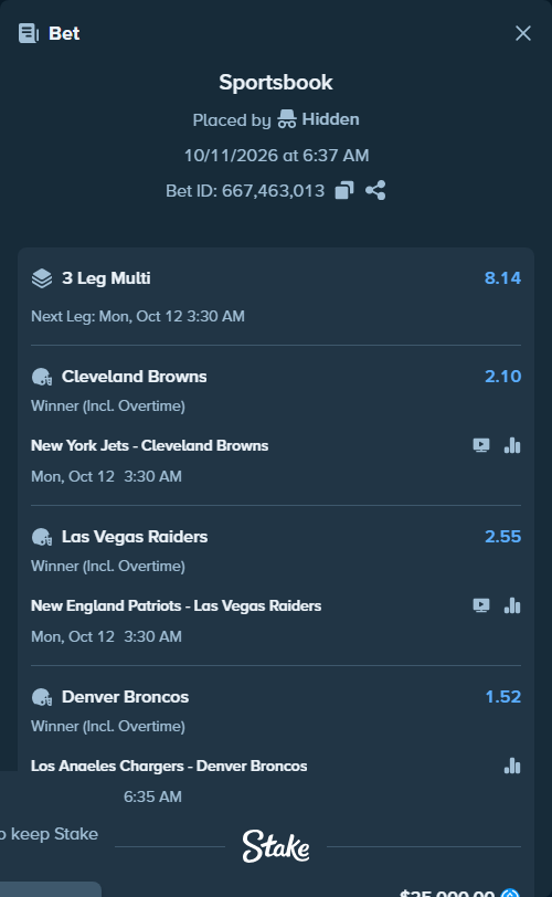 Bet slip: Los Angeles Chargers - Denver Broncos, $25,000.00 stake at 1.52 odds, placed by Hidden