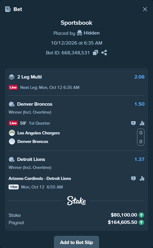Bet slip: Los Angeles Chargers - Denver Broncos, $80,180.10 stake at 1.50 odds, placed by Hidden