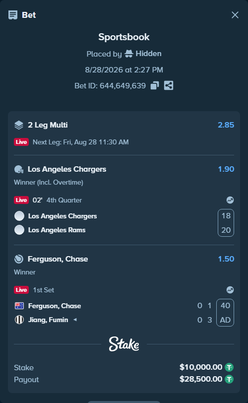 Bet slip: Los Angeles Chargers - Los Angeles Rams, $10,000.00 stake at 1.90 odds, placed by Hidden