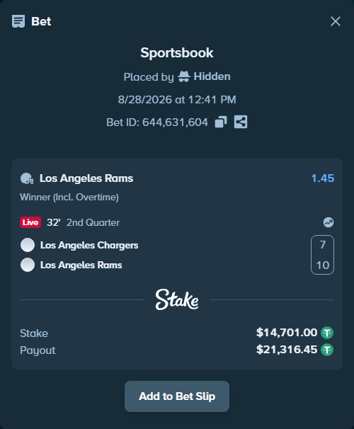 Bet slip: Los Angeles Chargers - Los Angeles Rams, $14,701.00 stake at 1.45 odds, placed by Hidden