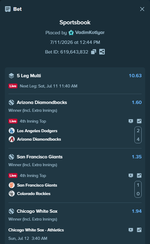 Bet slip: Los Angeles Dodgers - Arizona Diamondbacks, $11,143.00 stake at 1.60 odds, placed by VadimKotlyar