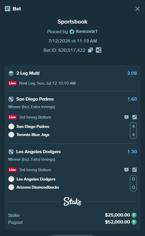 Bet slip: Los Angeles Dodgers - Arizona Diamondbacks, $25,025.00 stake at 1.30 odds, placed by Kennzelx1