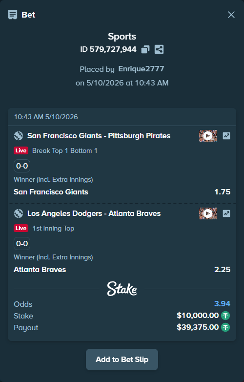 Bet slip: Los Angeles Dodgers - Atlanta Braves, $10,000.00 stake at 2.25 odds, placed by Enrique2777
