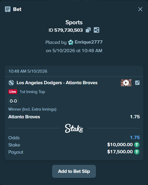 Bet slip: Los Angeles Dodgers - Atlanta Braves, $10,000.00 stake at 1.75 odds, placed by Enrique2777