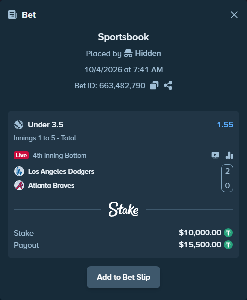 Bet slip: Los Angeles Dodgers - Atlanta Braves, $10,000.00 stake at 1.55 odds, placed by Pepi1968