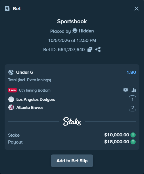 Bet slip: Los Angeles Dodgers - Atlanta Braves, $10,000.00 stake at 1.80 odds, placed by Rovangood