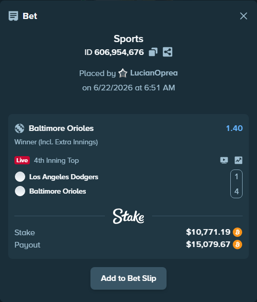 Bet slip: Los Angeles Dodgers - Baltimore Orioles, $10,051.61 stake at 1.40 odds, placed by LucianOprea
