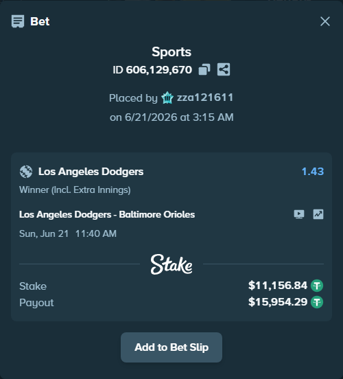 Bet slip: Los Angeles Dodgers - Baltimore Orioles, $11,168.00 stake at 1.43 odds, placed by zza121611