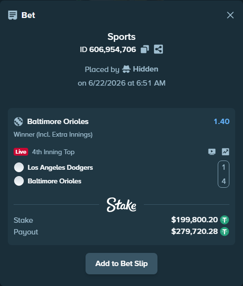 Bet slip: Los Angeles Dodgers - Baltimore Orioles, $200,000.00 stake at 1.40 odds, placed by Hidden