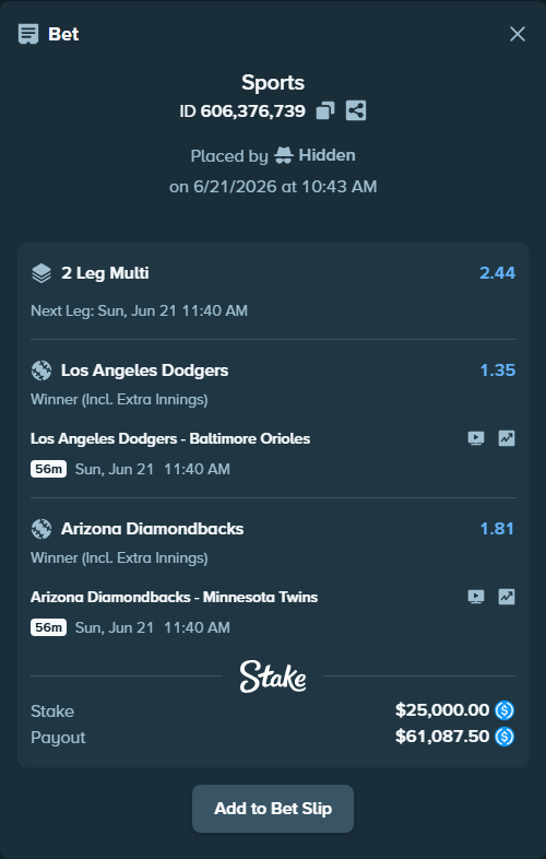 Bet slip: Los Angeles Dodgers - Baltimore Orioles, $25,000.00 stake at 1.35 odds, placed by Hidden