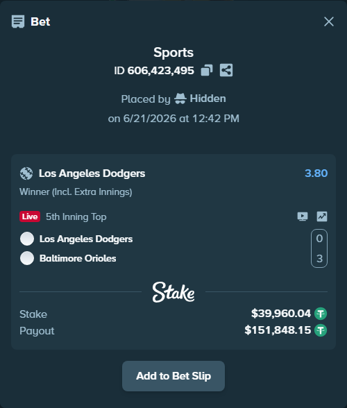 Bet slip: Los Angeles Dodgers - Baltimore Orioles, $40,000.00 stake at 3.80 odds, placed by Hidden