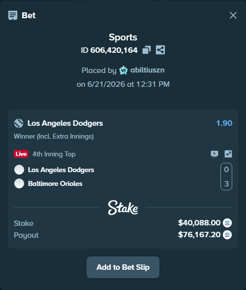 Bet slip: Los Angeles Dodgers - Baltimore Orioles, $39,794.24 stake at 1.90 odds, placed by abiltiuszn