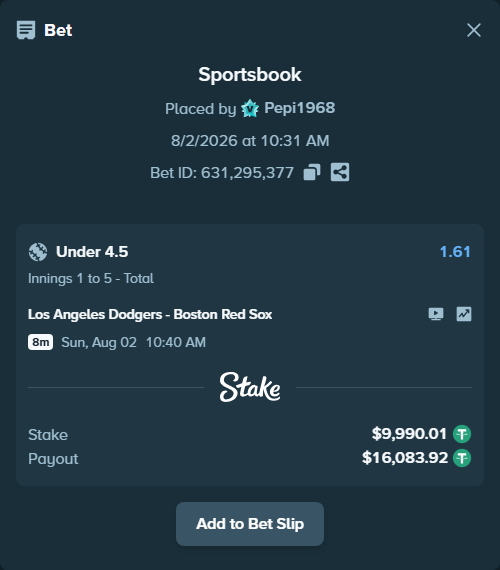 Bet slip: Los Angeles Dodgers - Boston Red Sox, $10,000.00 stake at 1.61 odds, placed by Pepi1968
