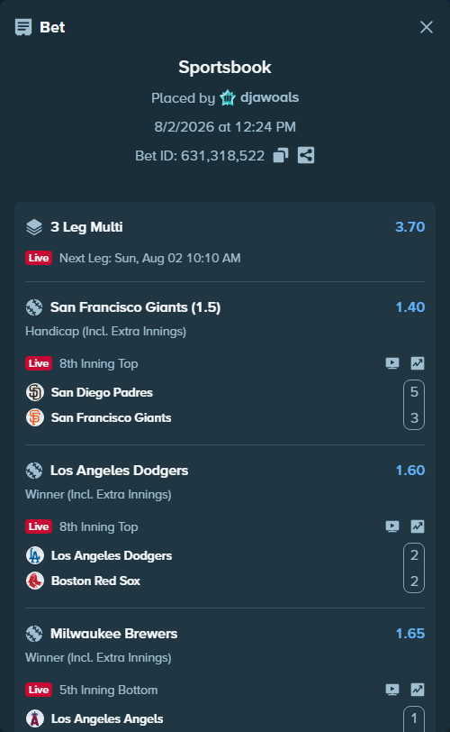 Bet slip: Los Angeles Dodgers - Boston Red Sox, $10,010.00 stake at 1.60 odds, placed by djawoals