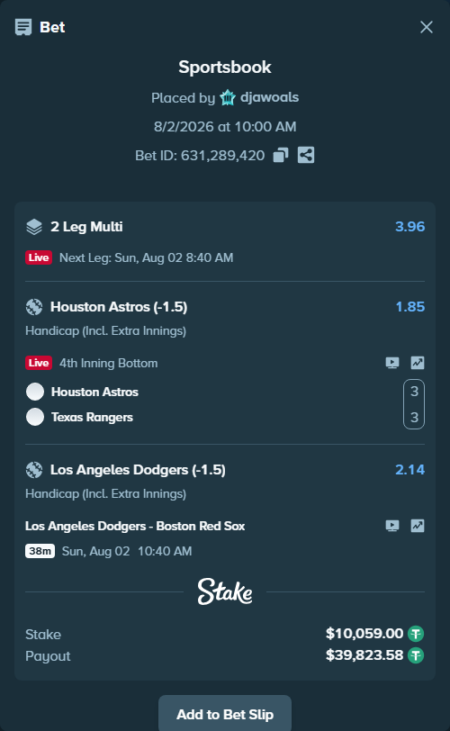 Bet slip: Los Angeles Dodgers - Boston Red Sox, $10,069.06 stake at 2.14 odds, placed by djawoals