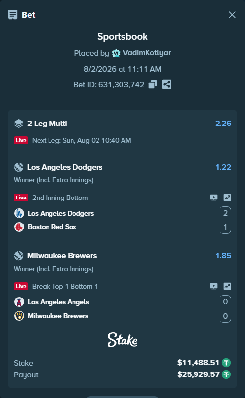 Bet slip: Los Angeles Dodgers - Boston Red Sox, $11,500.00 stake at 1.22 odds, placed by VadimKotlyar