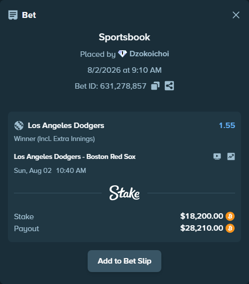 Bet slip: Los Angeles Dodgers - Boston Red Sox, $18,660.91 stake at 1.55 odds, placed by Dzokoichoi