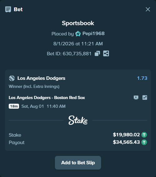 Bet slip: Los Angeles Dodgers - Boston Red Sox, $20,000.00 stake at 1.73 odds, placed by Pepi1968