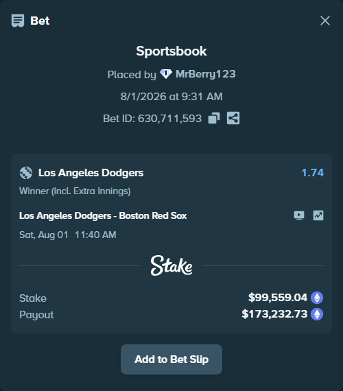 Bet slip: Los Angeles Dodgers - Boston Red Sox, $101,732.15 stake at 1.74 odds, placed by MrBerry123
