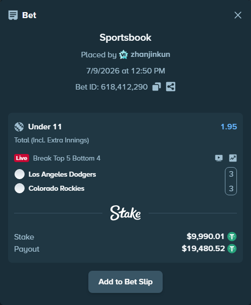 Bet slip: Los Angeles Dodgers - Colorado Rockies, $10,000.00 stake at 1.95 odds, placed by zhanjinkun