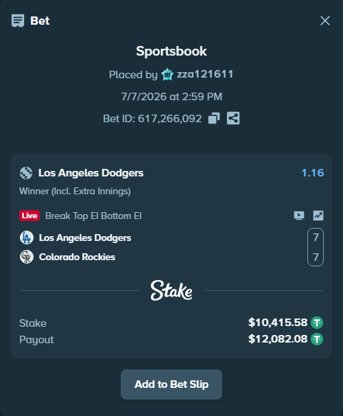 Bet slip: Los Angeles Dodgers - Colorado Rockies, $10,426.00 stake at 1.16 odds, placed by zza121611