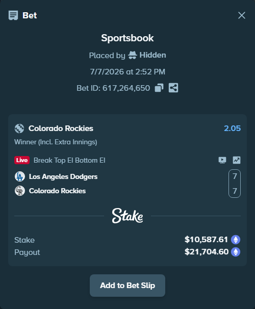 Bet slip: Los Angeles Dodgers - Colorado Rockies, $10,671.84 stake at 2.05 odds, placed by Hidden
