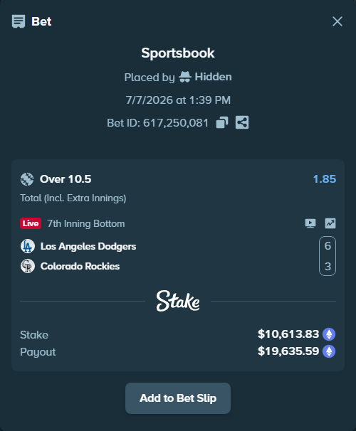 Bet slip: Los Angeles Dodgers - Colorado Rockies, $10,626.84 stake at 1.85 odds, placed by Hidden