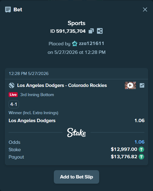 Bet slip: Los Angeles Dodgers - Colorado Rockies, $13,010.00 stake at 1.06 odds, placed by zza121611