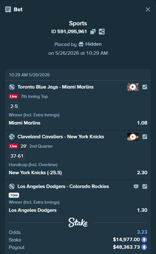 Bet slip: Los Angeles Dodgers - Colorado Rockies, $12,403.02 stake at 1.30 odds, placed by Hidden