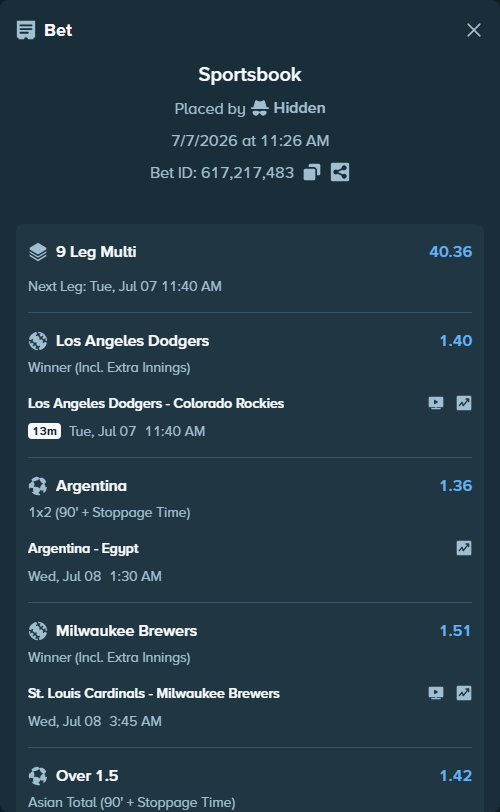 Bet slip: Los Angeles Dodgers - Colorado Rockies, $15,000.00 stake at 1.40 odds, placed by Hidden
