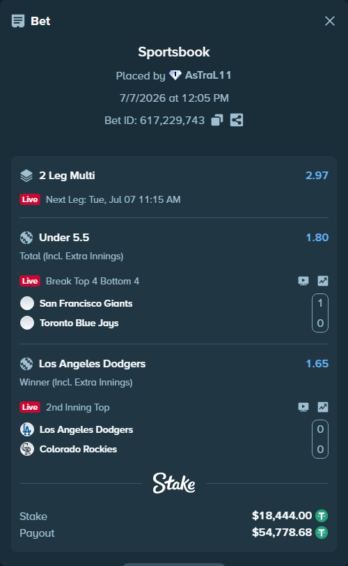 Bet slip: Los Angeles Dodgers - Colorado Rockies, $18,462.44 stake at 1.65 odds, placed by AsTraL11