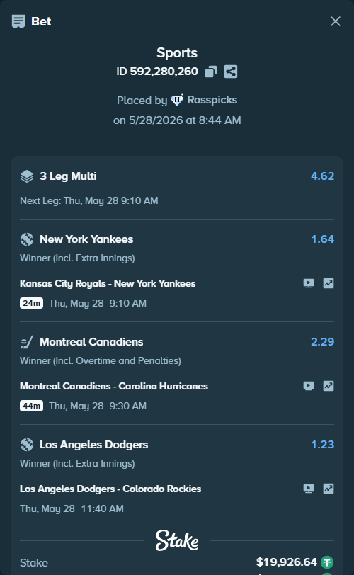 Bet slip: Los Angeles Dodgers - Colorado Rockies, $19,946.57 stake at 1.23 odds, placed by Rosspicks