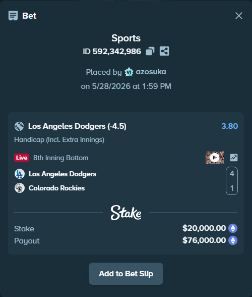 Bet slip: Los Angeles Dodgers - Colorado Rockies, $17,551.32 stake at 3.80 odds, placed by azosuka