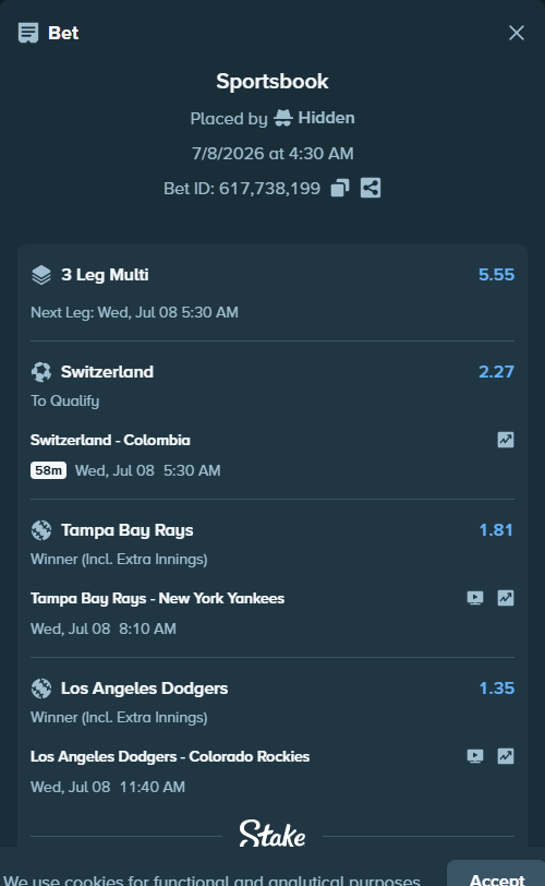 Bet slip: Los Angeles Dodgers - Colorado Rockies, $25,019.24 stake at 1.35 odds, placed by Rosspicks