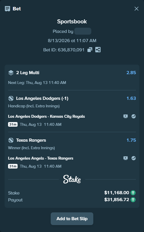 Bet slip: Los Angeles Dodgers - Kansas City Royals, $11,179.17 stake at 1.63 odds, placed by djawoals