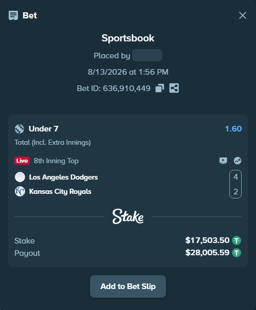 Bet slip: Los Angeles Dodgers - Kansas City Royals, $17,521.00 stake at 1.60 odds, placed by Rovangood