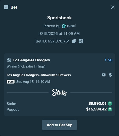 Bet slip: Los Angeles Dodgers - Milwaukee Brewers, $10,000.00 stake at 1.56 odds, placed by runci